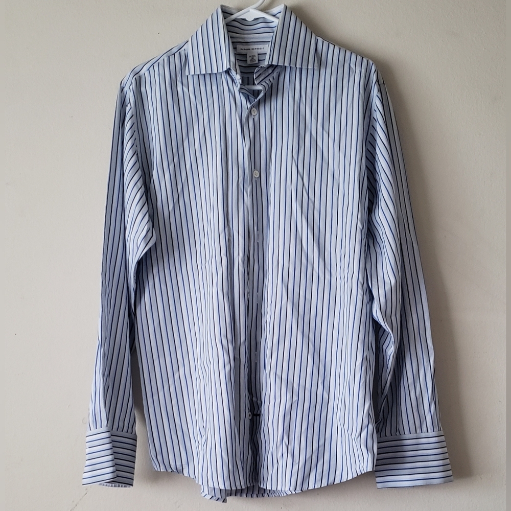 Banana Republic Men's White and Blue Striped 100% Cotton Dress Shirt